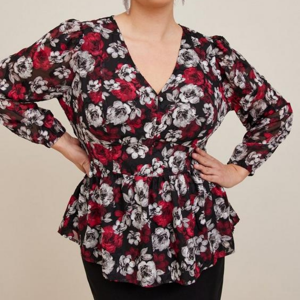 Torrid plus floral v neck blouson long sleeves peplum top, 5XL, blac… - Picture 2 of 14